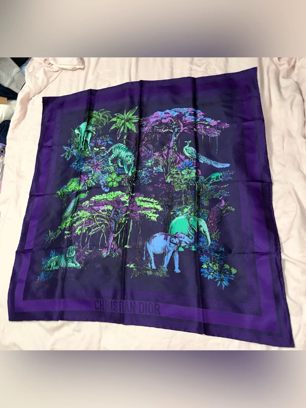 Christian Dior AUTHENTIC Toile de Jouy Voyage Jungle Animals Silk Scarf Purple